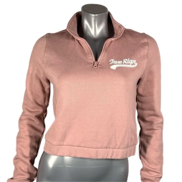 True Religion | Flock Mock Neck Quarter-Zip Pullover Light Pink Sweatshirt - Picture 2 of 12